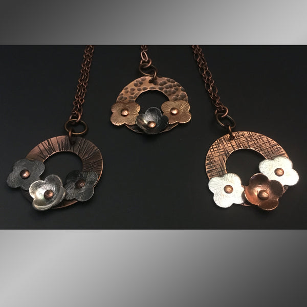 Circle of Flower Copper Pendant with Gunmetal and Silver Flowers