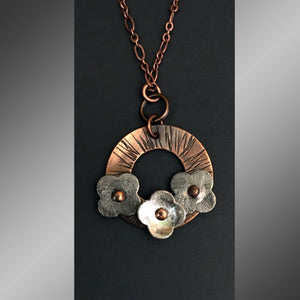 Circle of Flower Copper Pendant with Gunmetal and Silver Flowers