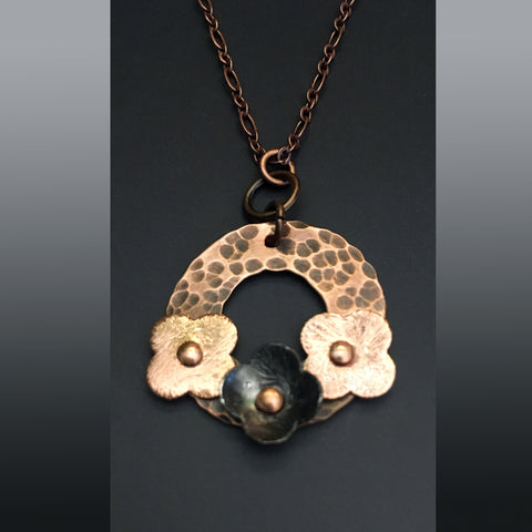Circle of Flower Copper Pendant with Gunmetal and Copper Flowers