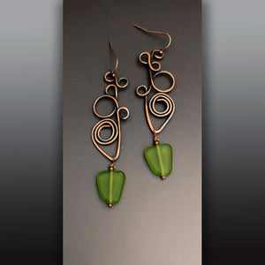 Copper Wire Earrings Green Sea Glass