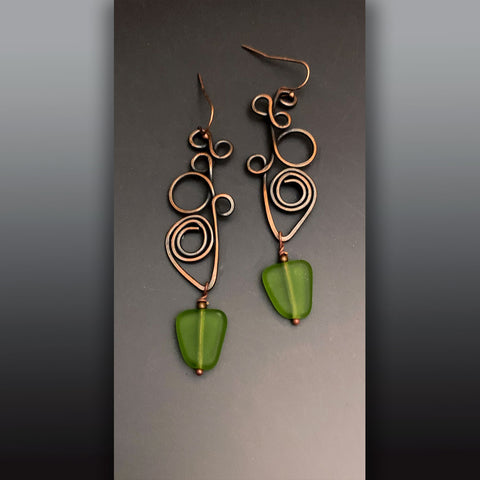 Copper Wire Earrings Green Sea Glass