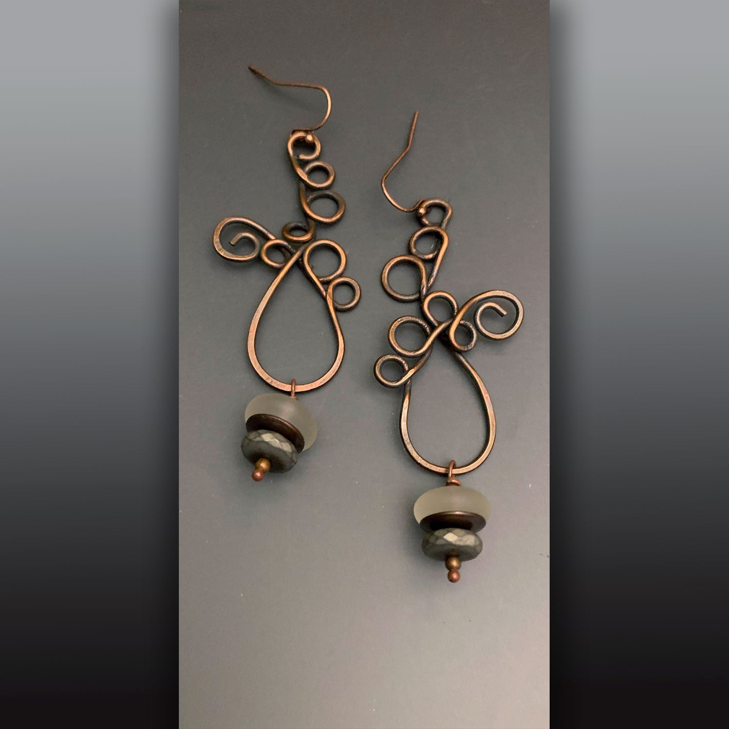 Copper Wire White Sea Glass and Hematite Earrings