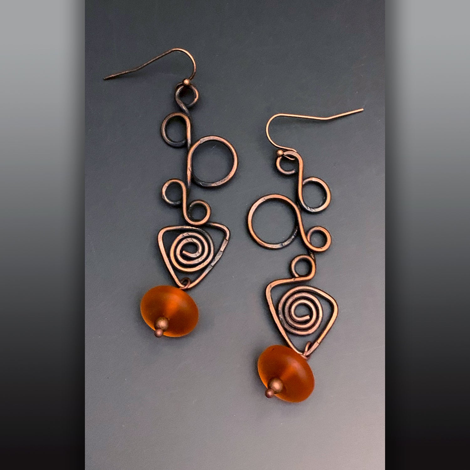 Copper Wire Tangerine Sea glass Earrings
