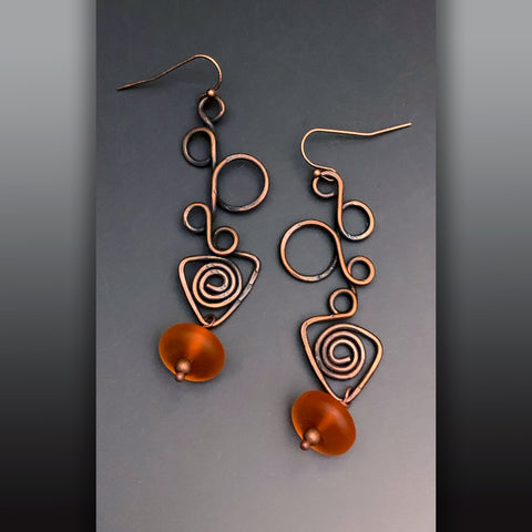 Copper Wire Tangerine Sea glass Earrings