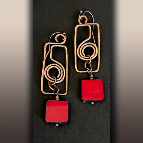 Encircled Squares in Red Wire Earrings