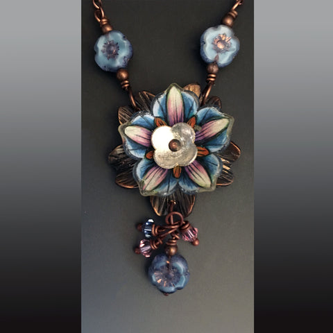 Flower Power Pendant with "Baby Blue Orange Crush"  Shrink Art Bloom