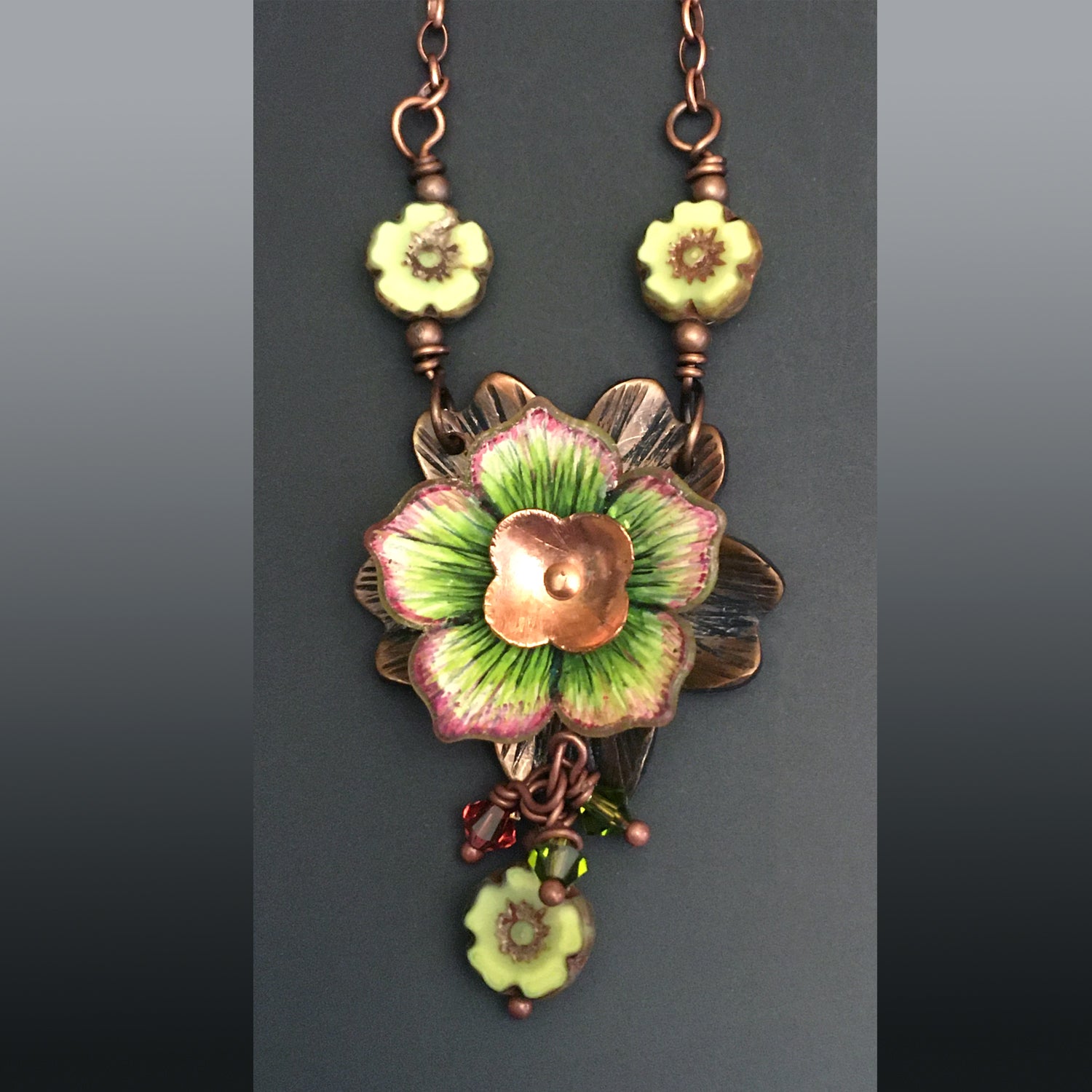 Flower Power Pendant with "Lime Flower with Pink Halo"  Shrink Art Bloom