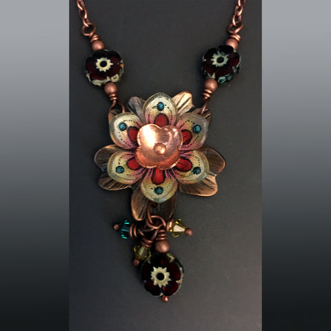 Flower Power Pendant with "Warm Flower with Aqua Dots"  Shrink Art Bloom