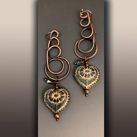 Gold Gilded Blue Sky Heart Copper Wire Earrings
