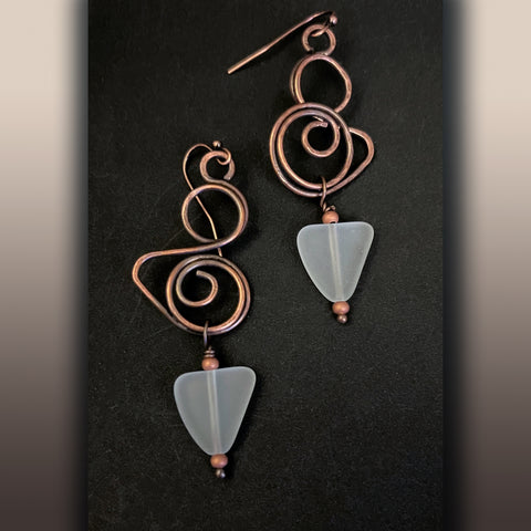 Swirling Triangle Wire  with Seaglass Earrings