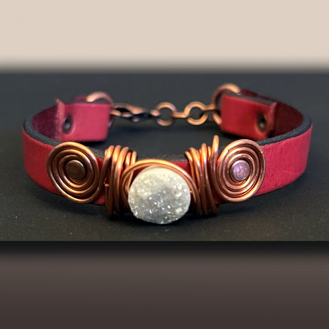 Warm Pink Leather with White Druzy Wire Wrapped Leather Bracelet