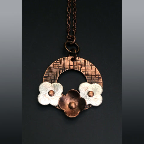 Circle of Flower Copper Pendant with Silver and Copper Flowers