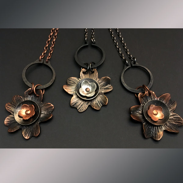 Flower Power Pendant with "Copper Flower and Gun Metal " Mixed Metals